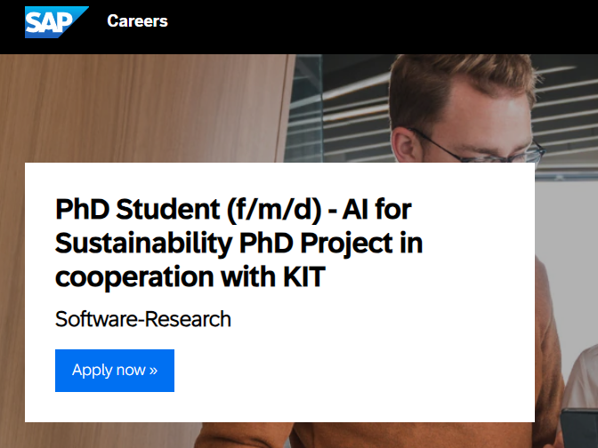 New Job Opportunity:  Doctoral Student Position (f/m/d) “AI for Sustainability PhD Project” in cooperation with SAP SE 