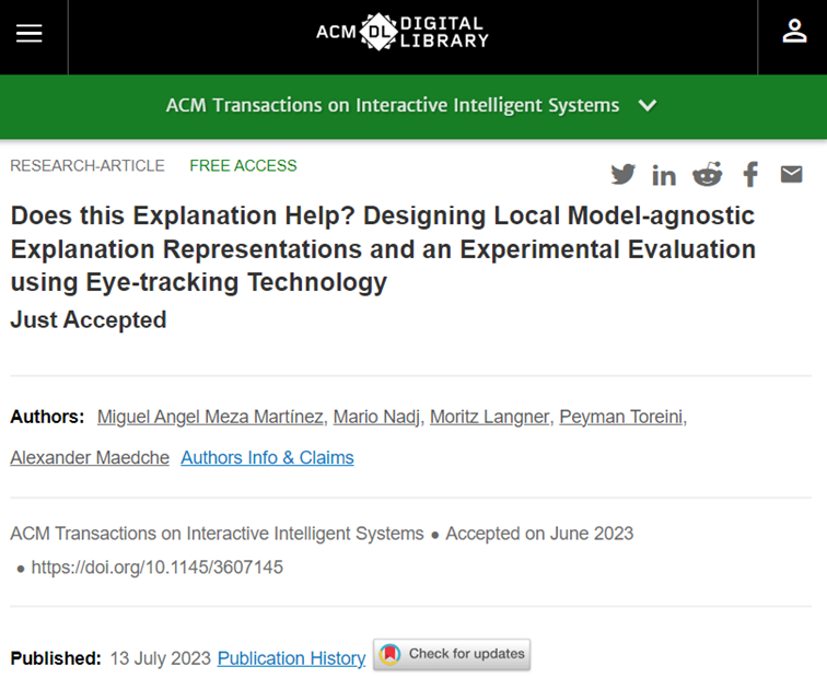 New Publication in ACM TiiS: Does this Explanation help? Designing Local Model-agnostic Explanation Representations and an Experimental Evaluation using Eye-Tracking Technology 