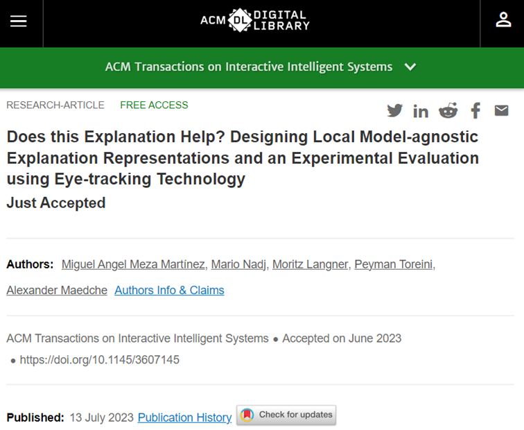 New Publication in ACM TiiS: Does this Explanation help? Designing Local Model-agnostic Explanation Representations and an Experimental Evaluation using Eye-Tracking Technology